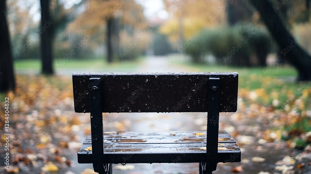 Poster Rainsoaked bench in an autumn park surrounded by colorful fallen leaves creating a serene atmosphere : Generative AI