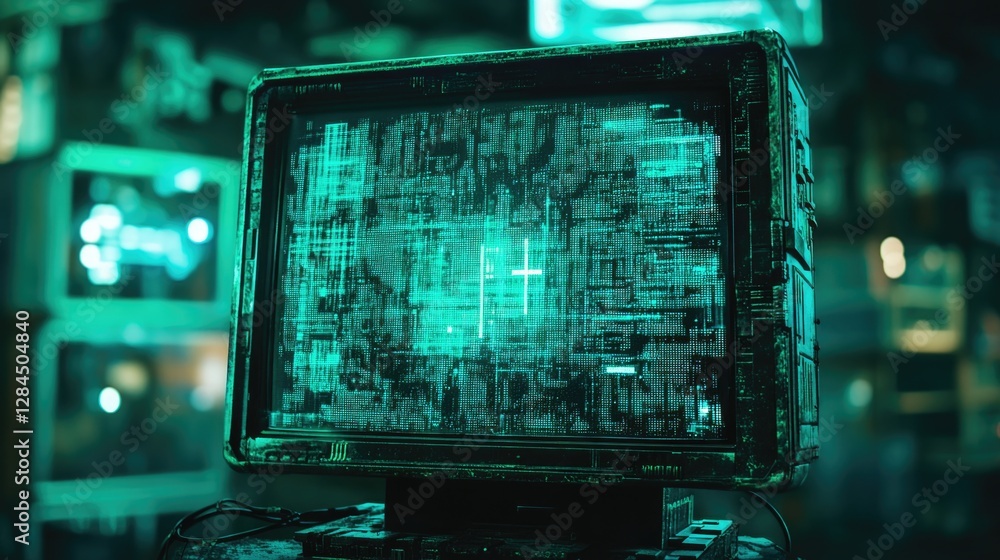 Poster a futuristic computer screen with a green digital display.