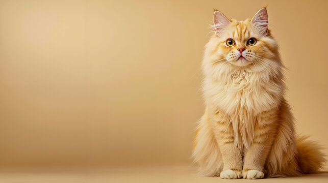 A fluffy orange cat sitting on a beige background