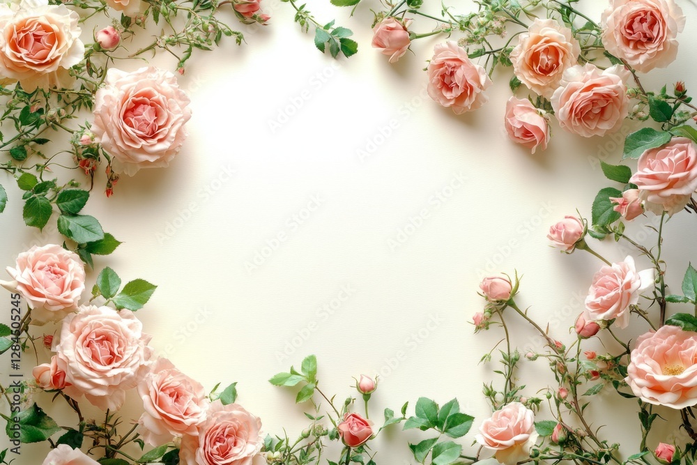 Poster beautiful pink rose flowers creating a border on pastel background with empty space for text