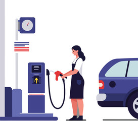 Woman fueling car at gas station in flat vector illustration style