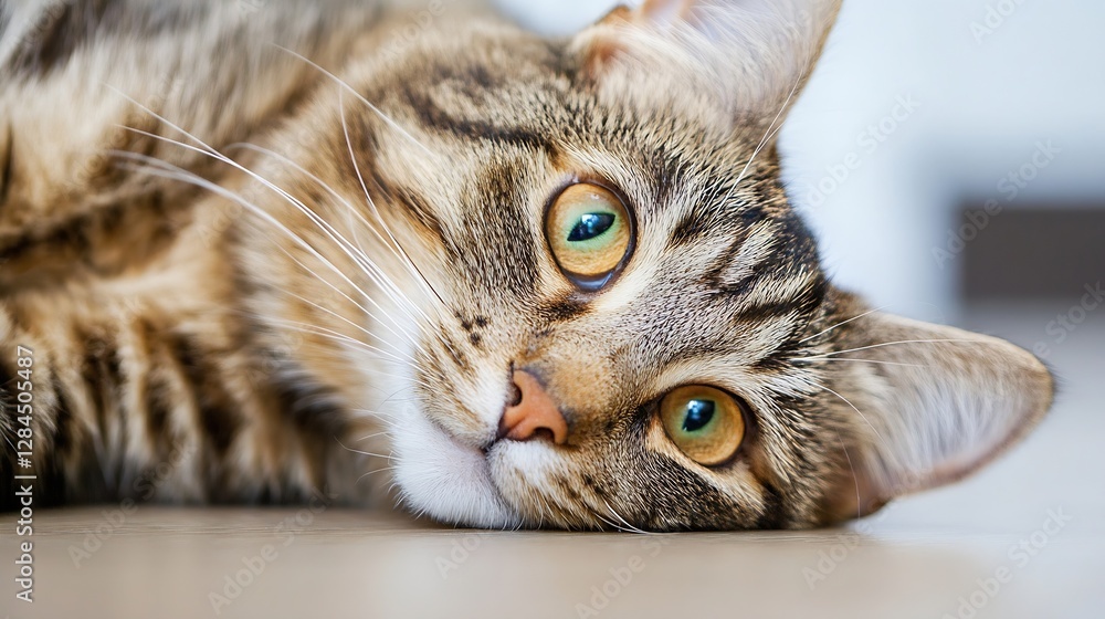 Poster Closeup of a Relaxed Tabby Cat with Green Eyes Resting on a Calm Surface : Generative AI
