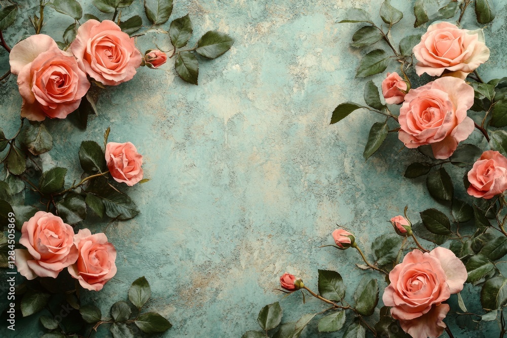 Poster pink roses and rosebuds creating a frame on a rustic blue green background with copy space