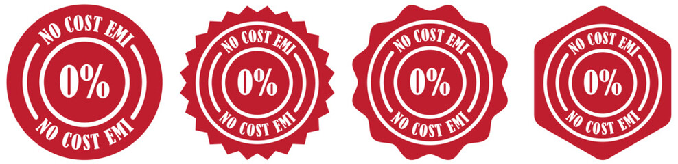 No cost emi icon set collection on white background. Emi badge icon for marketing use. Simple label for zero percent emi. Payment badge with 0 percent label. Marketing sticker for zero emi
