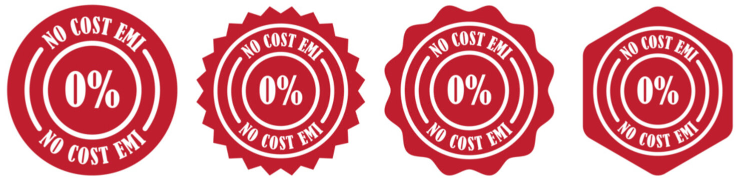 No cost emi icon set collection on white background. Emi badge icon for marketing use. Simple label for zero percent emi. Payment badge with 0 percent label. Marketing sticker for zero emi