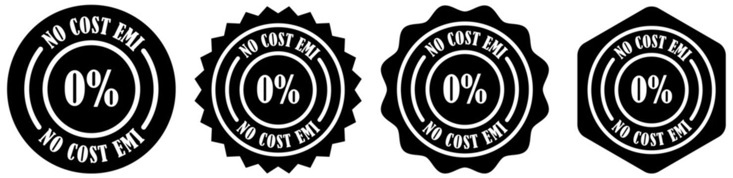 No cost emi rounded badge set collection on white background. 0 percent emi stamp for offers. Emi label for finance marketing. Emi free payment badge design. Round badge with 0 percent emi 

