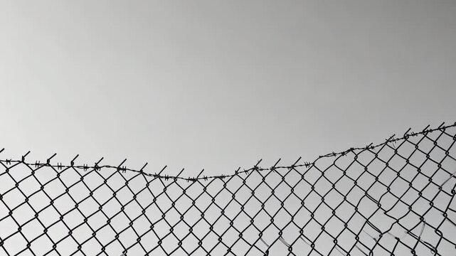 Chain link fence with barbed wire against a pale sky