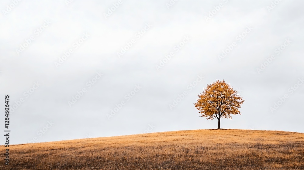 Poster solitary tree standing on a hill with autumn leaves under overcast sky : generative ai