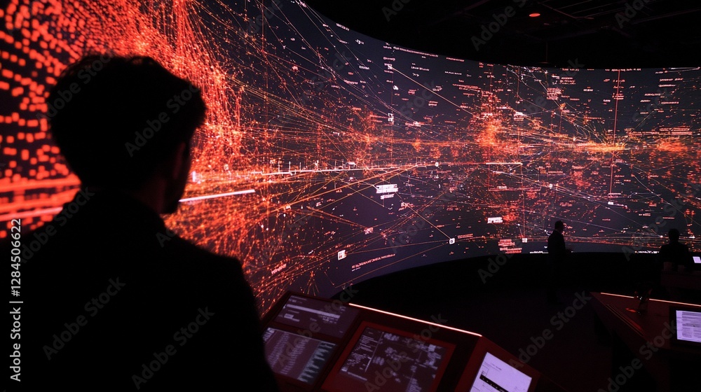 Aufkleber immersive data visualization: a person observes a complex network of information on a giant screen