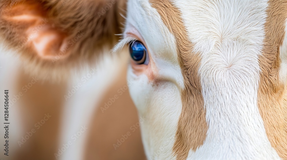 Poster closeup of a friendly brown and white cow showcasing its alluring eye and soft fur : generative ai