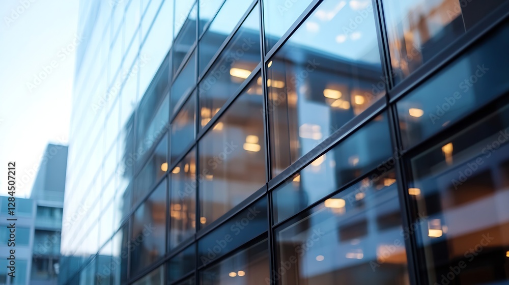 Poster modern glass building reflecting the evening lights showcasing urban architecture and design : gener