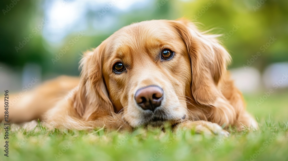 Poster lovely golden retriever relaxing on green grass with a gentle expression on its face : generative ai