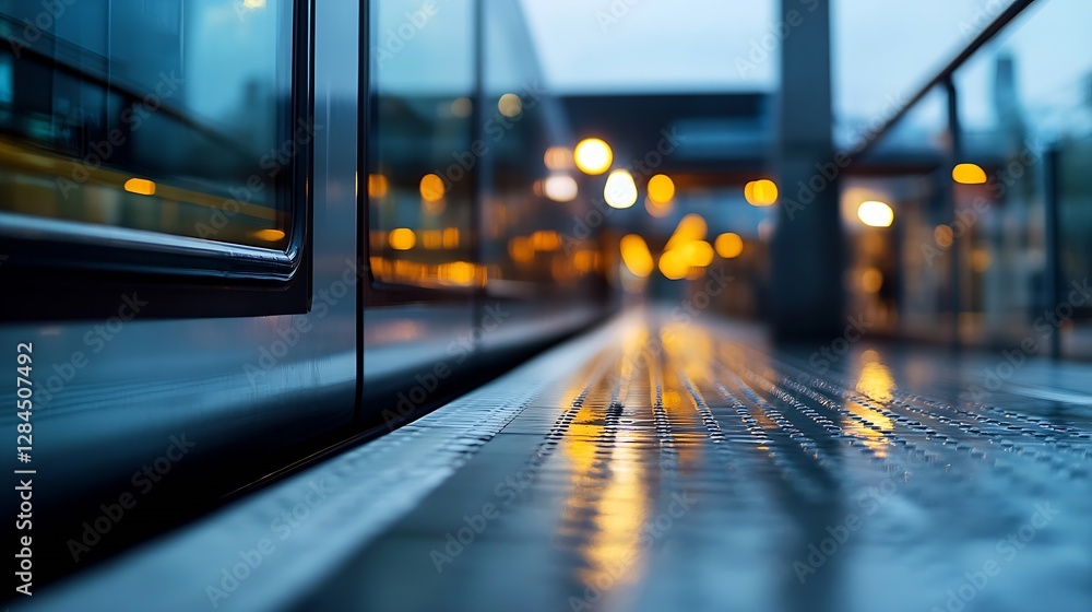 Aufkleber Glistening rain on a train platform with ambient lights creating a serene evening atmosphere : Generative AI