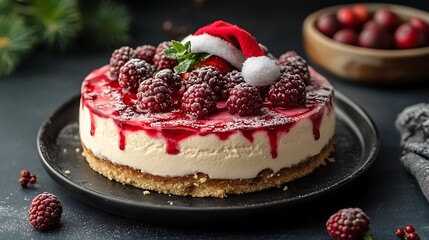 A festive cheesecake decorated with fruits and a Santa hat