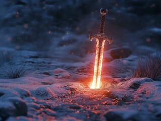 flaming sword, snowy landscape, night scene, intense light, fantasy scene