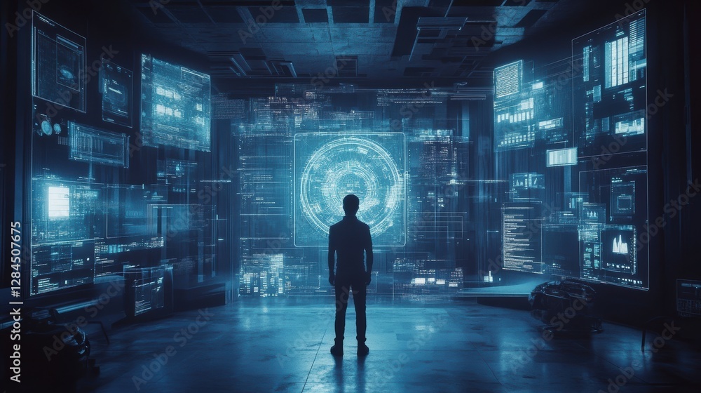 Poster silhouette in futuristic data center with holographic screens and digital interfaces