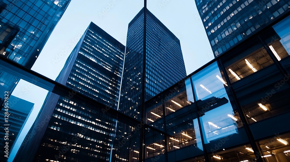 Aufkleber Modern architecture view of tall glass buildings reflecting the evening sky in an urban setting : Generative AI