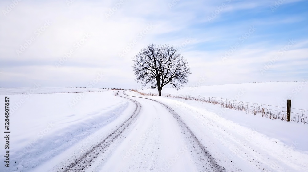 Poster lonely leafless tree stands on a snowy path under a cloudy sky creating a serene winter landscape : 