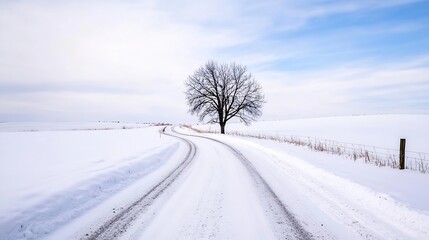Obraz premium Lonely leafless tree stands on a snowy path under a cloudy sky creating a serene winter landscape : Generative AI