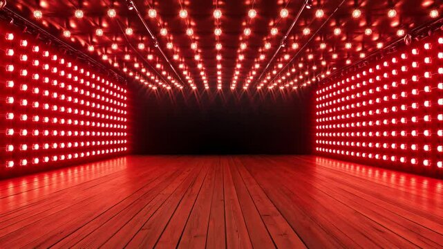 A dramatic zoom effect revealing a futuristic stage with glowing lights.