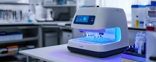 Modern laboratory with advanced automated biochemistry analyzer on white table