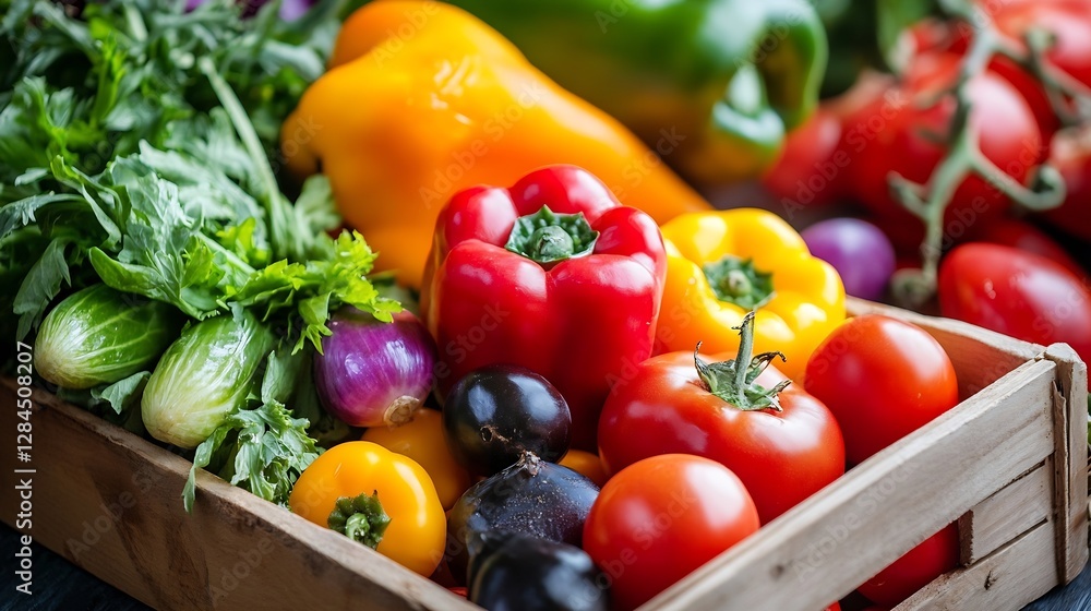 Poster vibrant colorful assorted fresh vegetables in a wooden crate on a rustic table displaying farm fresh