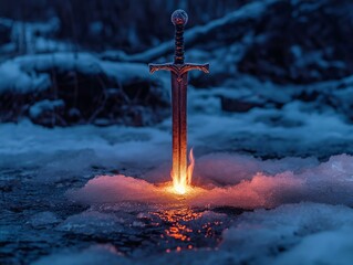 flaming sword, icy water, night scene, intense light, fantasy scene