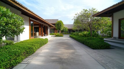 Garden greenery walls create an eco-friendly landscape. Tranquil pathway between modern buildings and lush greenery.
