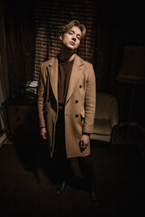 sexy young detective in a brown coat stands like Sherlock in a vintage room, posing confidently at the camera like a high fashion model, exuding charm and sophistication
