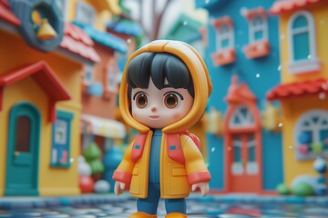Colorful scene of a cartoon child wearing a bright raincoat in a playful town.