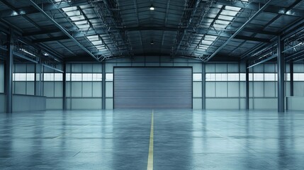 Empty Modern Industrial Warehouse Interior Spacious Steel Structure Large Metal Roll Up Door Polished Concrete Floor Big Factory Building Industrial  