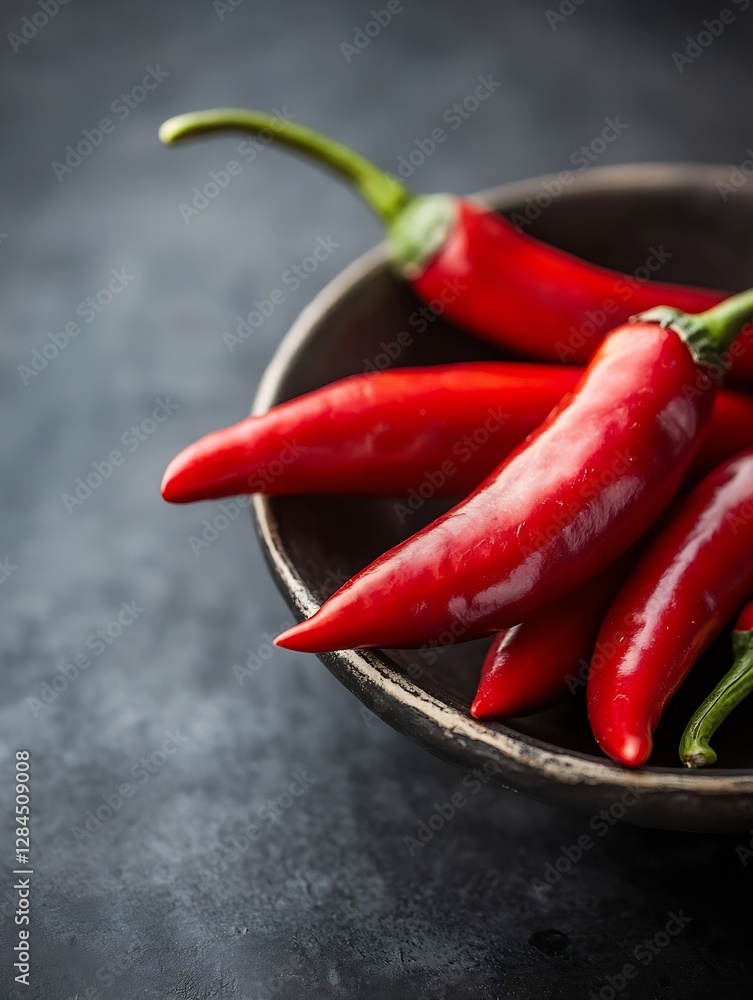 Poster fresh and vibrant red chili peppers neatly arranged in a rustic bowl on a dark background : generati