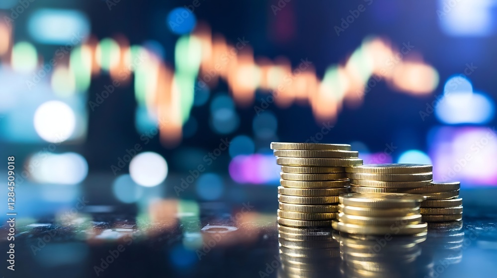 Aufkleber closeup view of stacked gold coins with blurred stock market charts in the background signifying wea