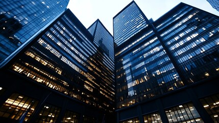 Fototapeta premium Stunning view of modern glass buildings towering against a twilight sky in an urban cityscape : Generative AI