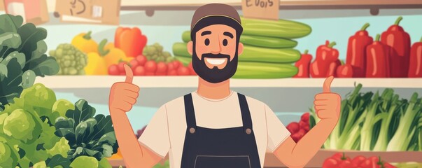 Happy male grocer giving thumbs up in produce section of grocery store with fresh vegetables