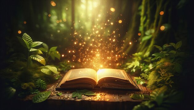 An open book emitting glowing sparkles in a mystical forest, creating an enchanting and magical atmosphere