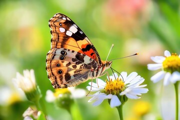 Obraz premium A beautiful photograph of a butterfly resting on a delicate flower in a sunlit meadow . A monarch butterfly perched delicately on a vibrant flower, showcasing its striking orange .
