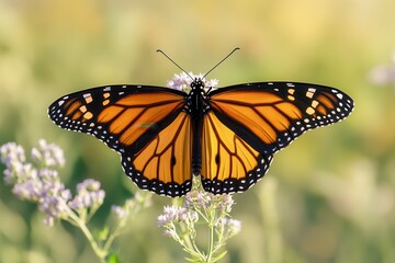 Naklejka premium A beautiful photograph of a butterfly resting on a delicate flower in a sunlit meadow . A monarch butterfly perched delicately on a vibrant flower, showcasing its striking orange .