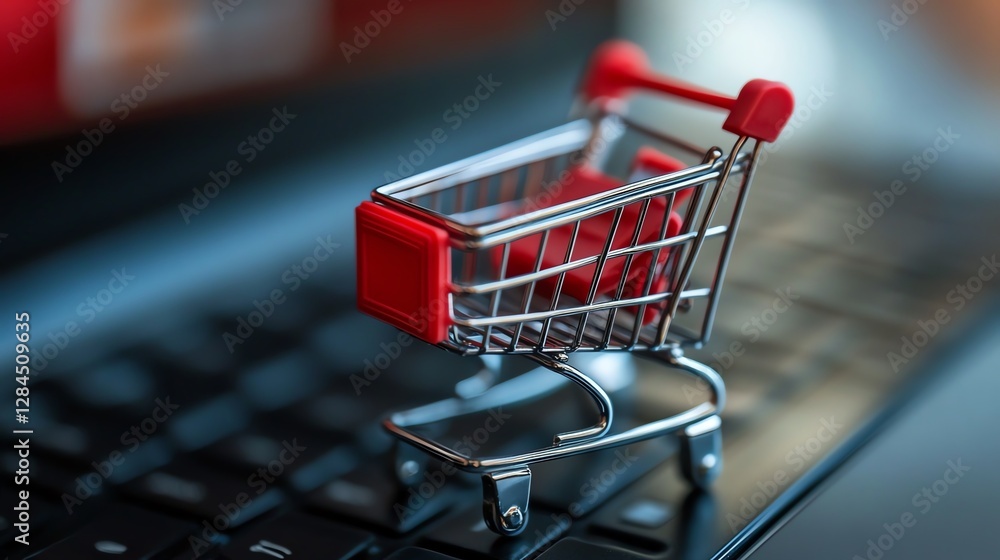 Poster mini shopping cart on a computer keyboard.