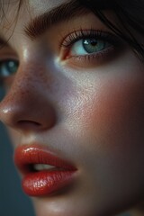 Obraz premium A stylized close-up of a woman's face with vibrant lipstick and detailed eye makeup.