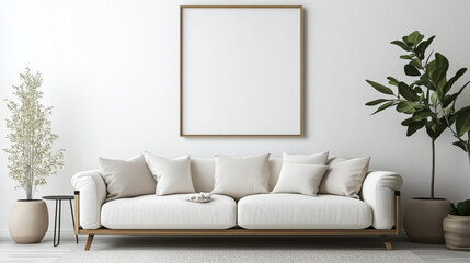 Sleek Urban Apartment Living Room Showcasing a Frame Mockup Surrounded by Minimalist Decor, Neutral Tones, and Contemporary Furniture Pieces