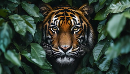 Fototapeta premium close up portrait cute striped bengal tiger staring, Generative AI
