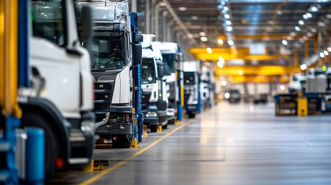 Modern Fleet of Trucks Parked Inside an Industrial Warehouse Ready for Transport : Generative AI