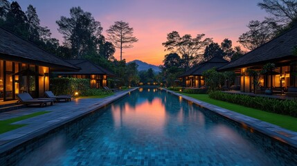 Fototapeta premium Tranquil pool villas at dusk, tropical resort