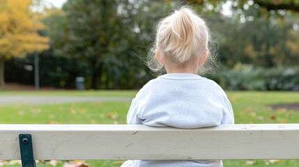 Fototapeta premium Little girl sitting alone on park bench, autumn scene, peaceful contemplation, potential for mental health awareness