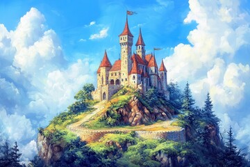 A beautiful pencil-colored illustration of a fairy tale castle perched on a hilltop . A majestic castle perched atop a hill, surrounded by lush greenery and a clear blue sky.