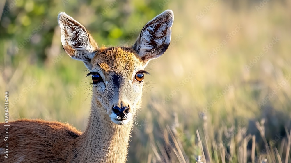 Poster close up portrait of a young deer against a blurred natural background in soft lighting : generative