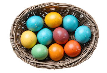 Naklejka premium a basket full of colorful Easter eggs. Each egg is unique, and their colorful patterns create a cheerful and festive mood, symbolizing the joy of spring.
