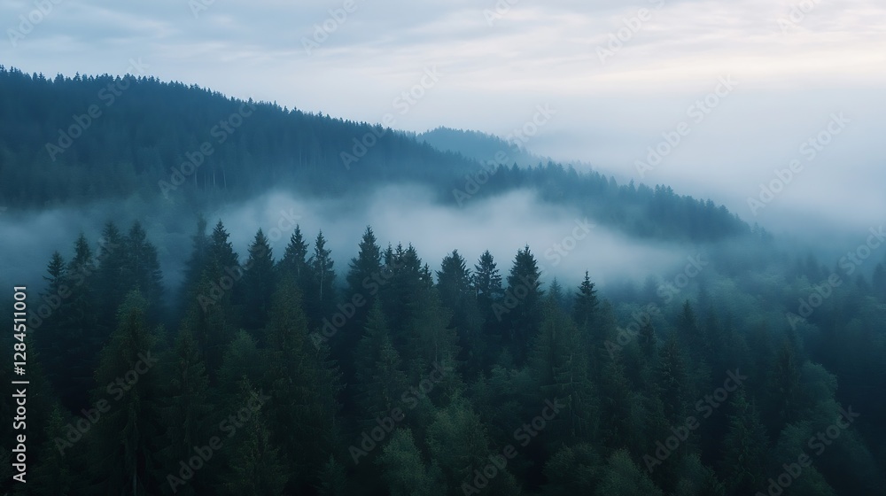 Poster Aerial view of dense evergreen forest shrouded in mist creating a mystical atmosphere : Generative AI