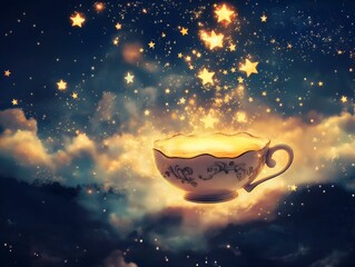 Fototapeta premium teacup in clouds, starry night, soft light, ethereal atmosphere, pastel colors